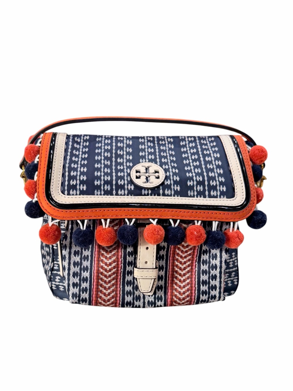 Boho Pom-Pom Tory Burch Bag in Navy, Orange & Cream NWOT Mini